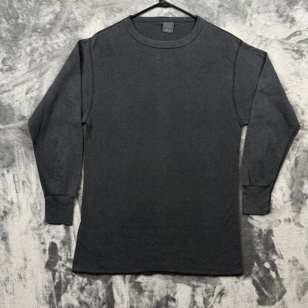 Vintage Thermal Shirt Mens Medium Black Good Long Sleeve Waffle Knit Crewneck